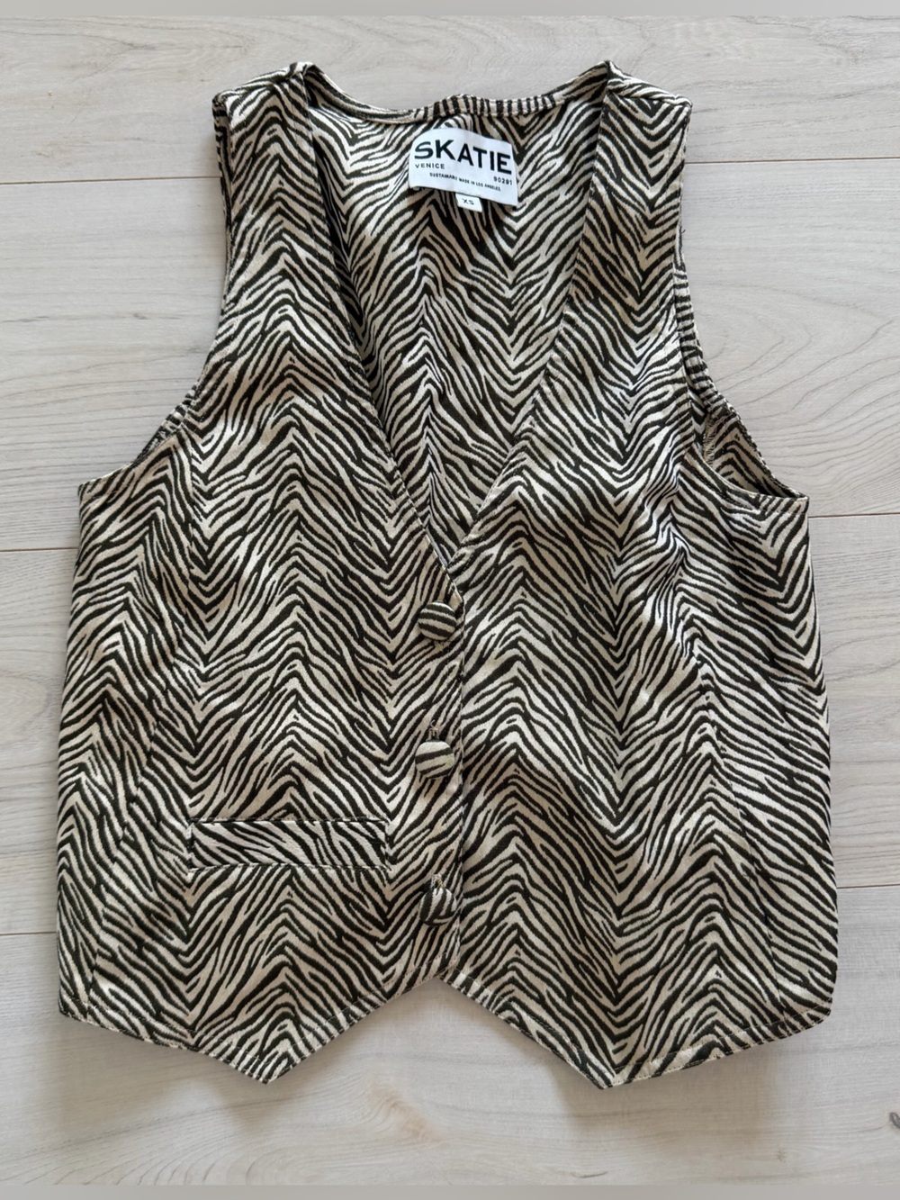 Skatie Zebra-Print Button Front Vest Tank in Black and Cream